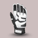 Back view of white and black Cortech Bully 2.0 motorcycle glove, showing knuckle protector and accordion stretch panels.