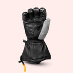 "Fly Racing Glacier leather motorcycle gloves in black with orange pull tab, designed for cold weather protection and comfort."