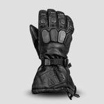Close-up of Fly Racing Glacier leather motorcycle gloves with reinforced knuckle protection and durable leather for enhanced safety