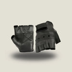 Men’s leather fingerless motorcycle glove in black top-grain leather with gel-padded palm, elastic wrist, and hook-and-loop closure for vibration reduction
