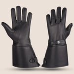 Men's thermal-lined leather gauntlet gloves with snap wrist and cuff, providing ultimate warmth, protection, and comfort for motorcycle riders in cold weather