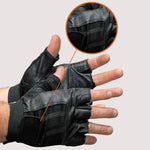 Black fingerless leather motorcycle gloves for men with padded palm and secure wrist strap
