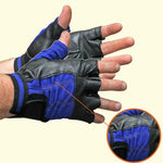 Blue and black fingerless leather motorcycle riding gloves with flexible stretch design