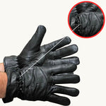 VL444 men's black leather gloves with a lightweight lining, highlighted by a distinctive red circle.