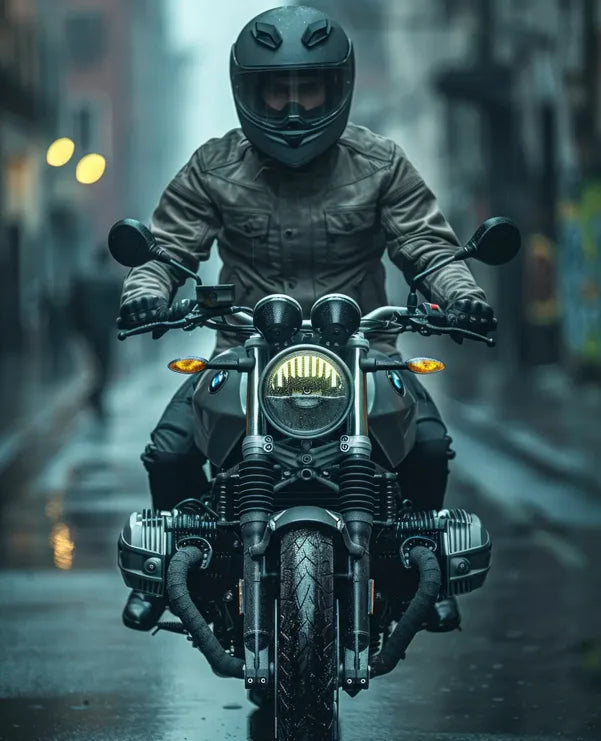 Person riding a motorcycle on a city street at night