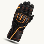 RST Men’s S1 CE Leather Motorcycle Gloves in Orange and black – palm view with grip padding and knuckles showing