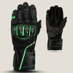 RST Men’s S1 CE Leather Motorcycle Gloves in green and black – close-up of cuff and wrist strap