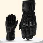RST Men’s S1 CE Leather Motorcycle Gloves in black – front view with protective knuckle design and palm padding wrist strap view