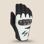 Back and White top Angled view of Scorpion EXO Vortex Air glove featuring goatskin leather chassis and high-flow mesh finger panels