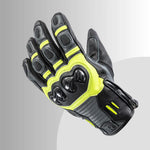 "Back view of hi-vis yellow and black Tour Master Horizon Line Trailbreak glove with goatskin leather, reflective accents, and reinforced knuckle armor."