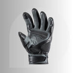"Front view of sand/grey and black Tour Master Horizon Line Trailbreak glove constructed from supple goatskin with touchscreen-compatible index and thumb."