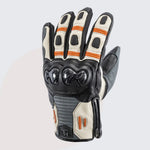 Rear view of white and black Tour Master Horizon Line Trailbreak glove with red accent lines, carbon-fiber knuckle protection, and stretch softshell fourchettes