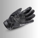 Tour Master Horizon Line Trailbreak glove front view in solid black goatskin leather with carbon-fiber knuckle protection and touchscreen-compatible fingertips