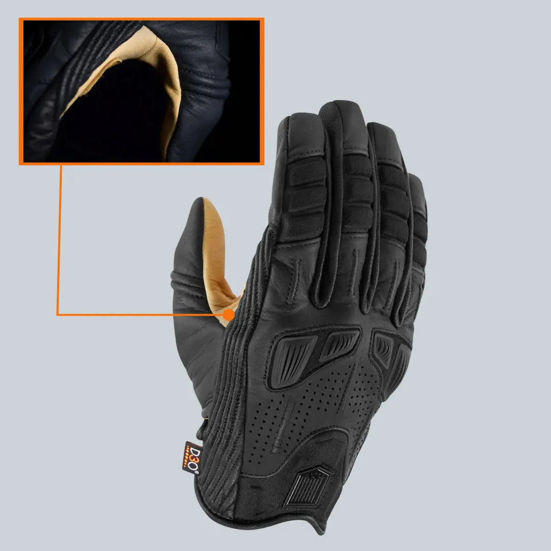 Textured goatskin palm of the Icon Axys motorcycle glove for enhanced grip and feel.