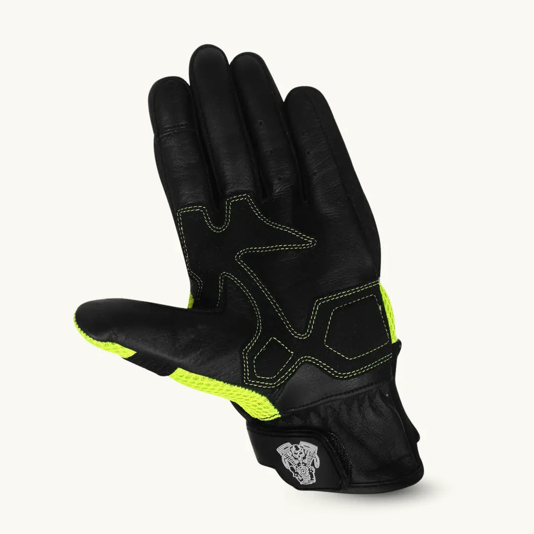 Airflow II mesh motorcycle gloves with neon yellow fingers and black protective palm design for summer riding comfort."