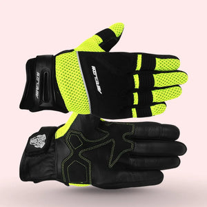 Airflow II mesh textile motorcycle gloves with black leather and neon yellow breathable mesh – summer riding gloves for bikers