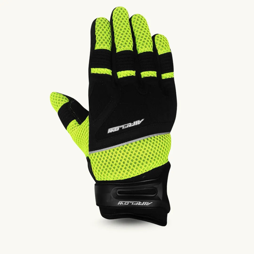 Airflow II motorcycle gloves with neon yellow mesh and reinforced black leather palm for ventilation and grip.