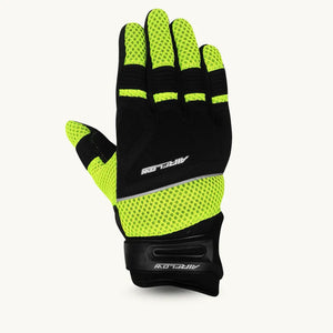 Airflow II motorcycle gloves with neon yellow mesh and reinforced black leather palm for ventilation and grip.