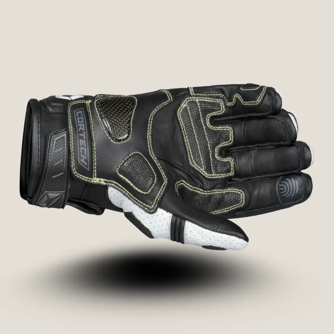 Arctiva Meridian Men’s Waterproof Snow Gloves in White and Black — Front view showing padded protective lines, long gauntlet design, and insulated snow riding construction