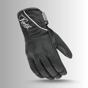Black Joe Rocket Ballistic Ultra Women's motorcycle gloves with HiPora waterproofing and reflective Rocket logo, featuring knuckle armor and adjustable cuff for riding safety and comfort