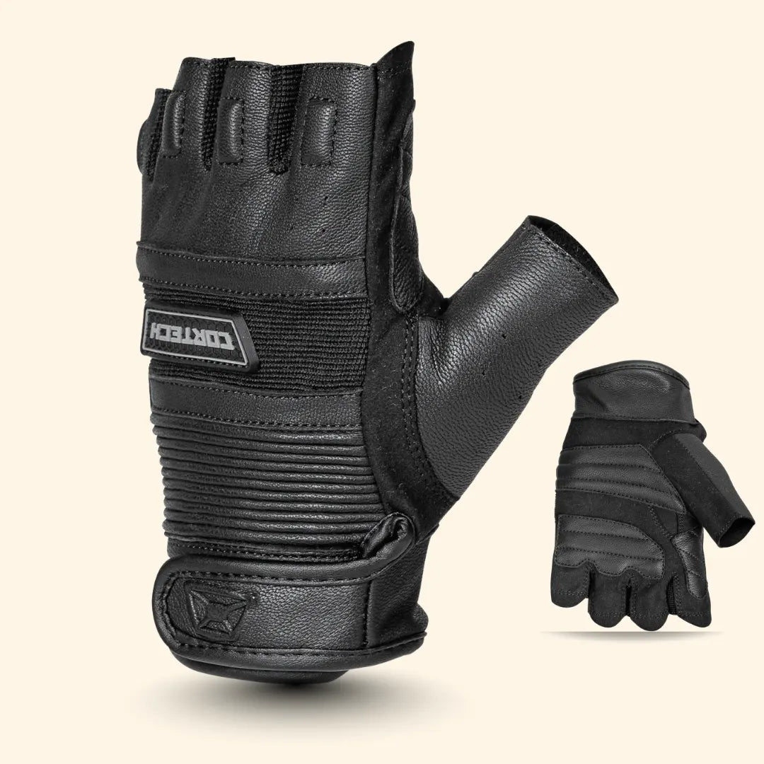 Close-up of Cortech fingerless leather motorcycle gloves with adjustable wrist strap, providing a secure and customized fit