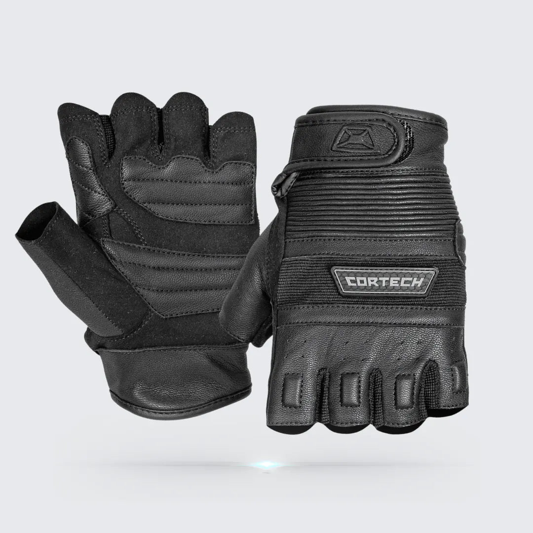 Cortech flip-off fingerless leather motorcycle gloves in black, featuring adjustable wrist straps and durable leather construction for comfort and protection.