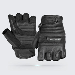 Cortech flip-off fingerless leather motorcycle gloves in black, featuring adjustable wrist straps and durable leather construction for comfort and protection.