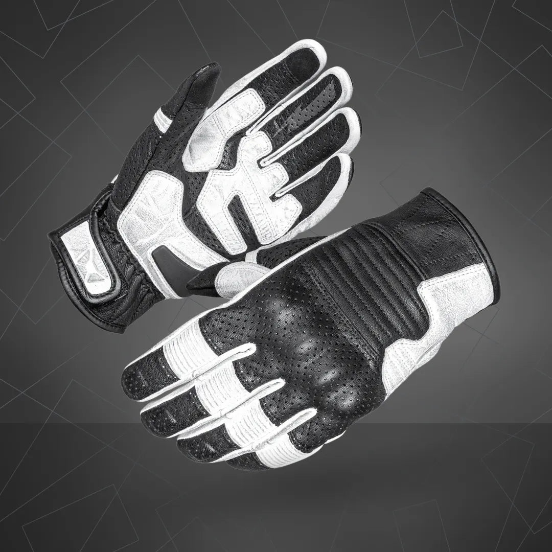 Cortech Bully 2.0 leather motorcycle gloves in black and white, featuring reinforced knuckles and classic short cuff design.