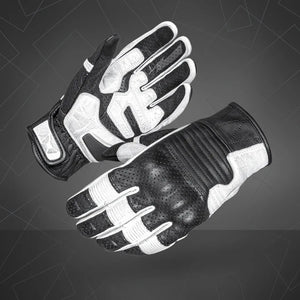 Cortech Bully 2.0 leather motorcycle gloves in black and white, featuring reinforced knuckles and classic short cuff design.