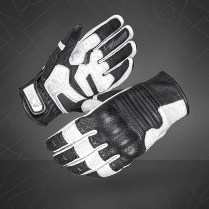 Cortech Bully 2.0 leather motorcycle gloves in black and white, featuring reinforced knuckles and classic short cuff design.