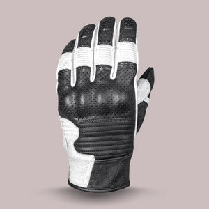 Front view of white and black Cortech Bully 2.0 motorcycle glove, showcasing knuckle protection and perforated leather.