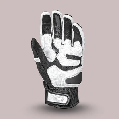 Back view of white and black Cortech Bully 2.0 motorcycle glove, showing knuckle protector and accordion stretch panels.