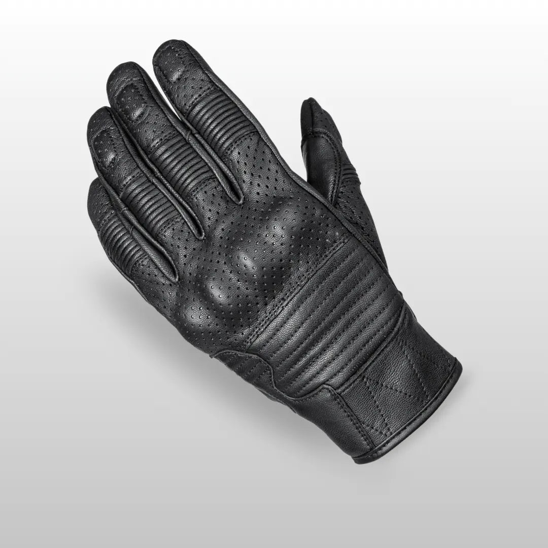 Front view of black Cortech Bully 2.0 short cuff motorcycle glove, emphasizing sleek design and durable leather.
