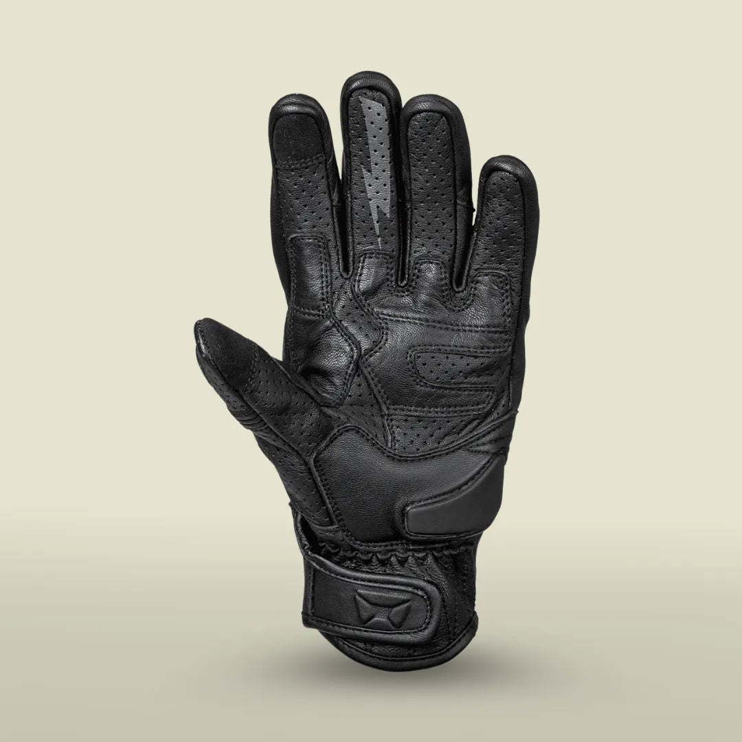 Palm view of black Cortech Bully 2.0 motorcycle glove, showcasing reinforced palm and touchscreen compatible fingertips.
