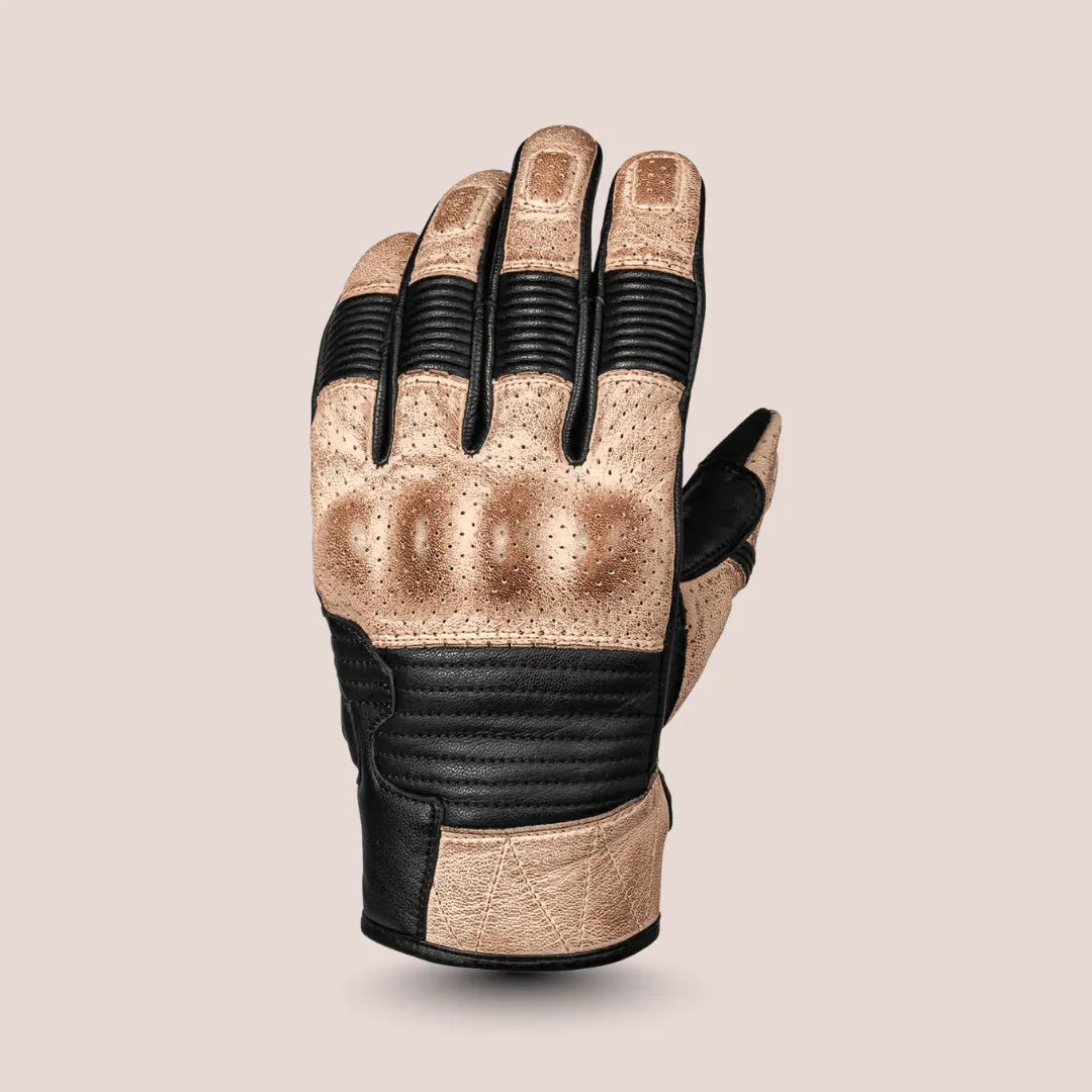 Angled front view of Gloden brown Cortech Bully 2.0 leather motorcycle glove, perfect for a vintage riding style.