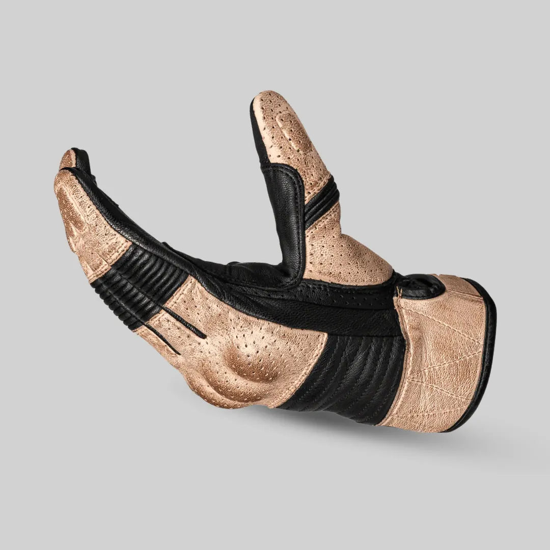 Palm view of Gloden brown Cortech Bully 2.0 motorcycle glove, showing grip enhancements and durable leather material.