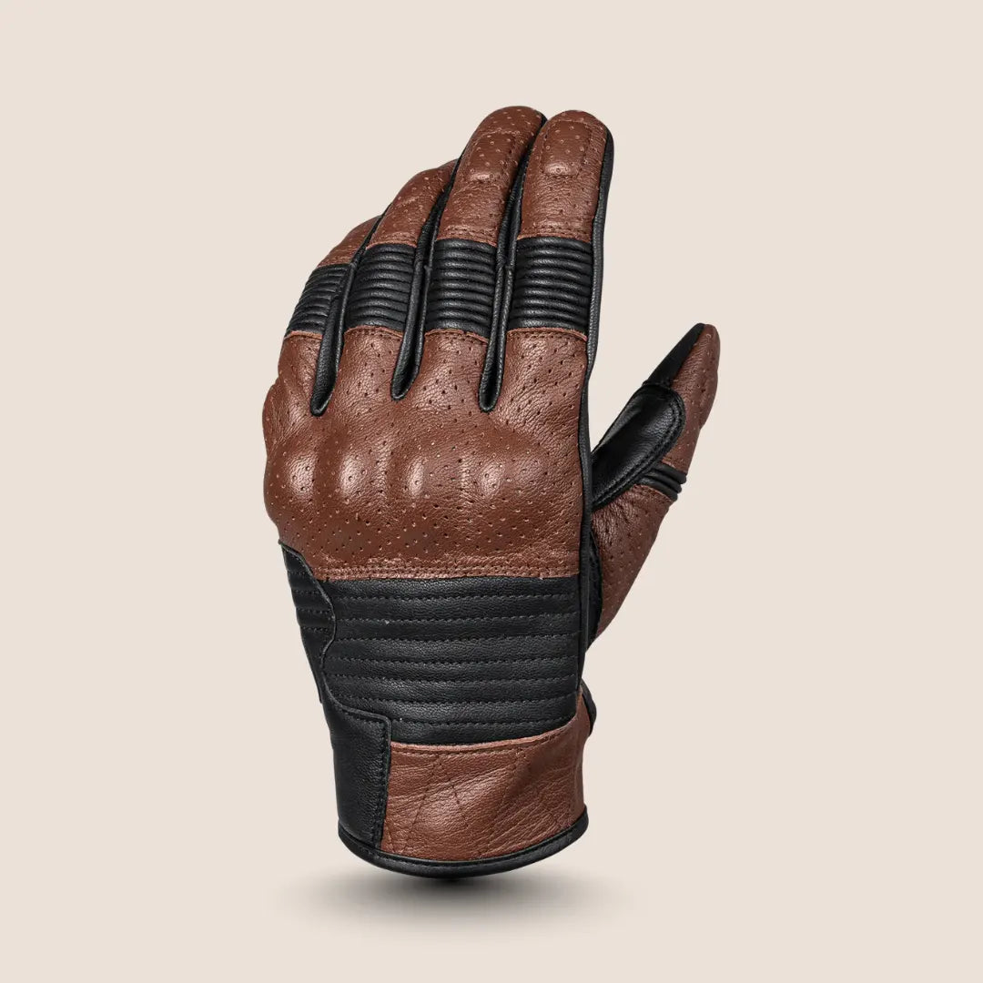 Side profile of brown Cortech Bully 2.0 motorcycle glove, showcasing wrist closure and comfortable fit.
