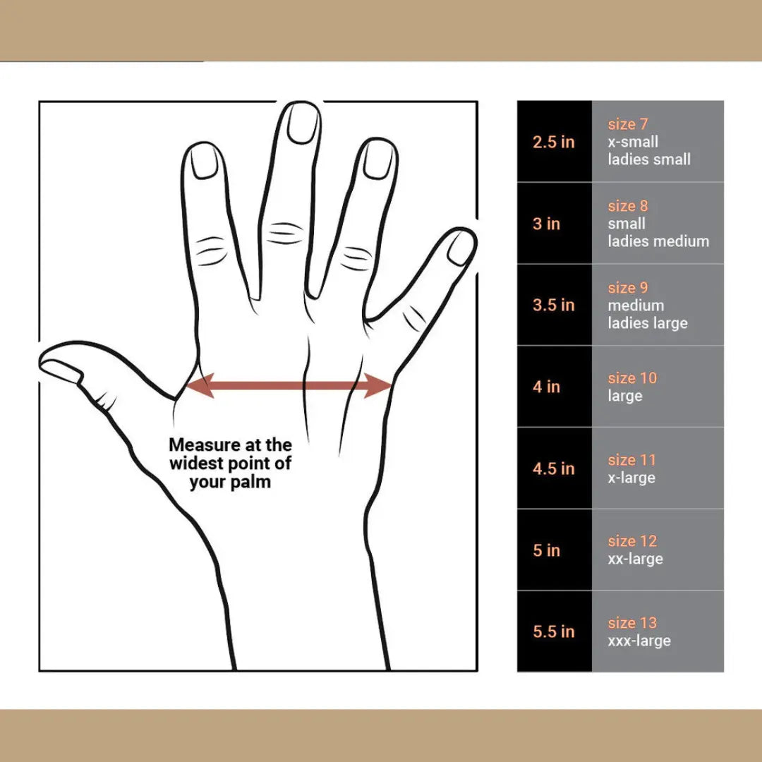 Cortech motorcycle glove sizing chart with hand measurement guide for accurate fit selection.