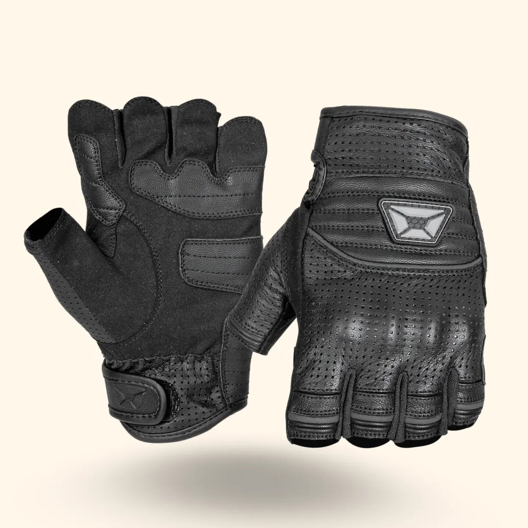 Cortech Men’s Flip Off Armored Fingerless Leather Motorcycle Gloves in Black — pair showcasing front padded palm and articulated knuckles with easy-release finger pulls