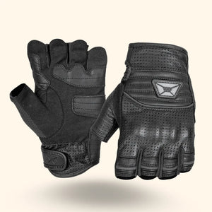 Cortech Men’s Flip Off Armored Fingerless Leather Motorcycle Gloves in Black — pair showcasing front padded palm and articulated knuckles with easy-release finger pulls