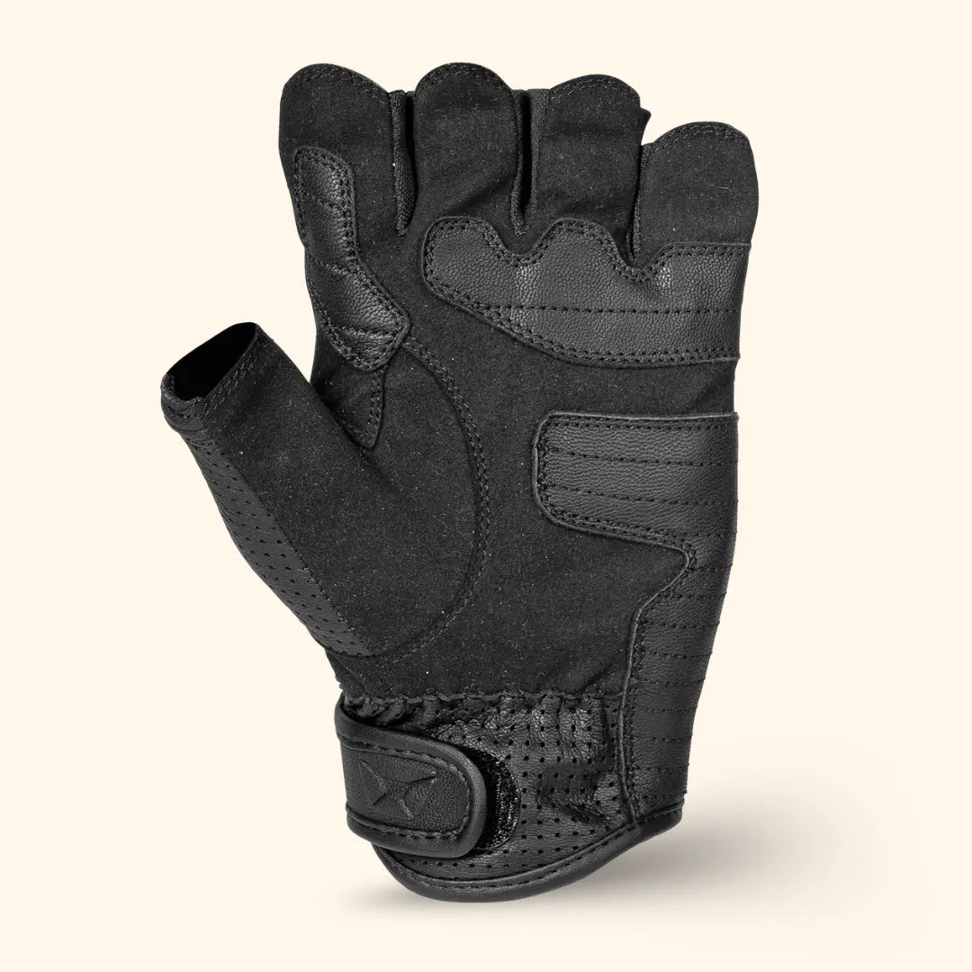 Cortech Men’s Flip Off Armored Fingerless Leather Motorcycle Gloves in Black — side/front view displaying AX® Laredo palm, hook-and-loop wrist strap, and half-finger design