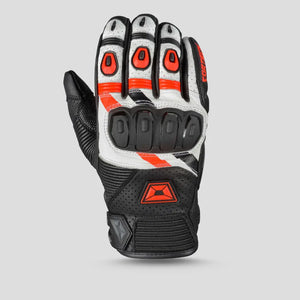 Cortech Men’s Manix ST leather motorcycle gloves in white, black, and red with reinforced knuckle protection and a sporty design