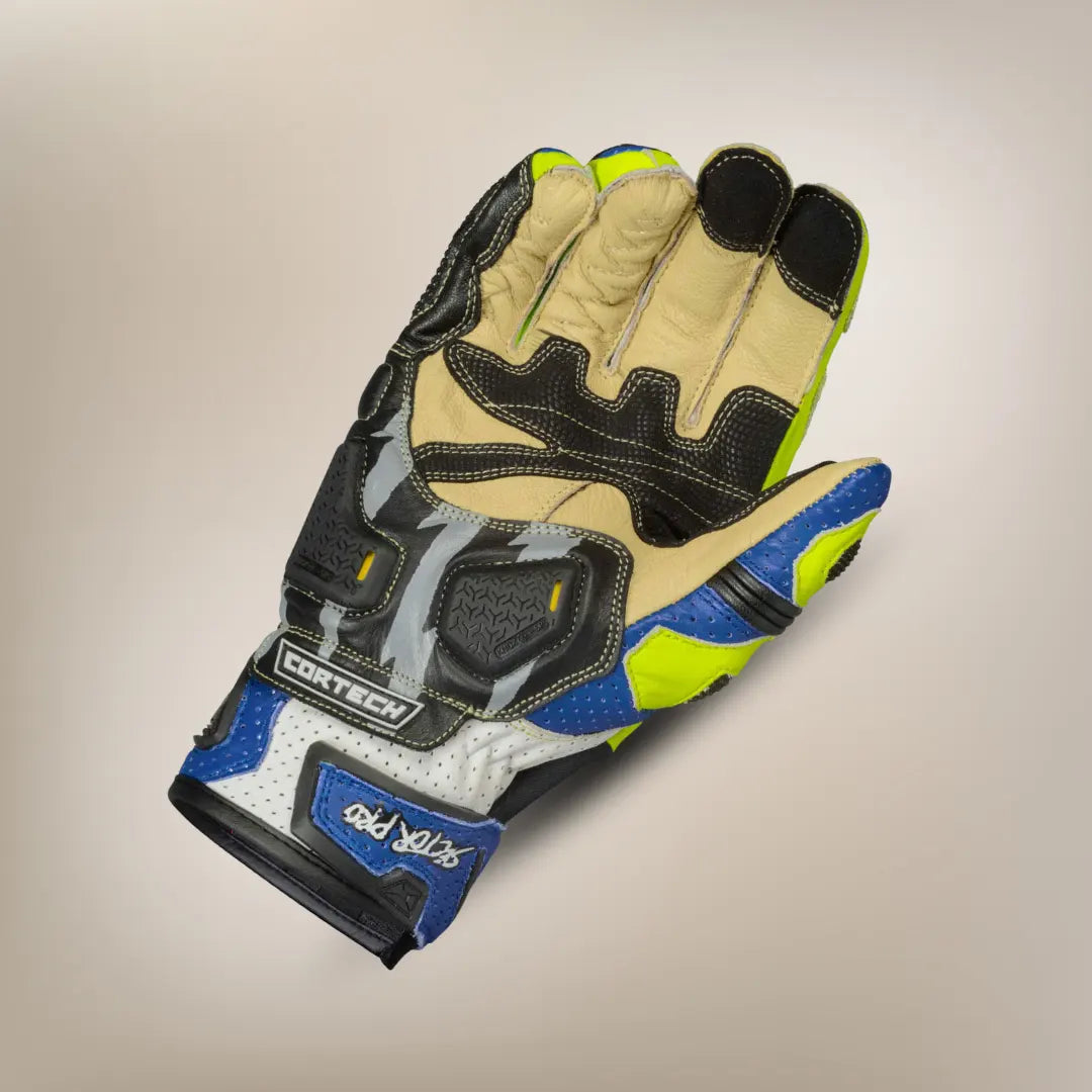 Front view of Cortech Sector Pro ST glove in blue and hi-vis yellow cowhide leather with premium grip palm and accordion stretch panels.
