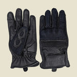 Black denim leather motorcycle gloves with mobile phone touchscreen compatibility for enhanced grip and protection.