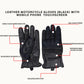 Infographic showing features of black denim leather motorcycle gloves with touchscreen compatibility, including knuckle protection and breathable materials