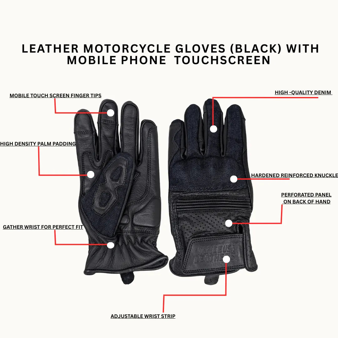 Infographic showing features of black denim leather motorcycle gloves with touchscreen compatibility, including knuckle protection and breathable materials