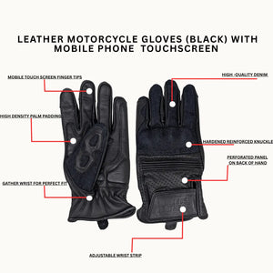 Infographic showing features of black denim leather motorcycle gloves with touchscreen compatibility, including knuckle protection and breathable materials