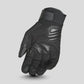 Close-up of a single black Scorpion Divergent motorcycle glove, highlighting protective features and goatskin reinforced palm. 