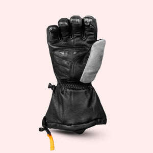 "Fly Racing Glacier leather motorcycle gloves in black with orange pull tab, designed for cold weather protection and comfort."