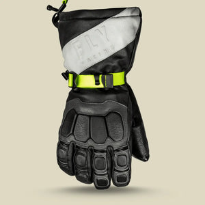 Fly Racing Glacier leather motorcycle gloves with neon yellow strap, offering superior protection with adjustable wrist closure for a secure fit